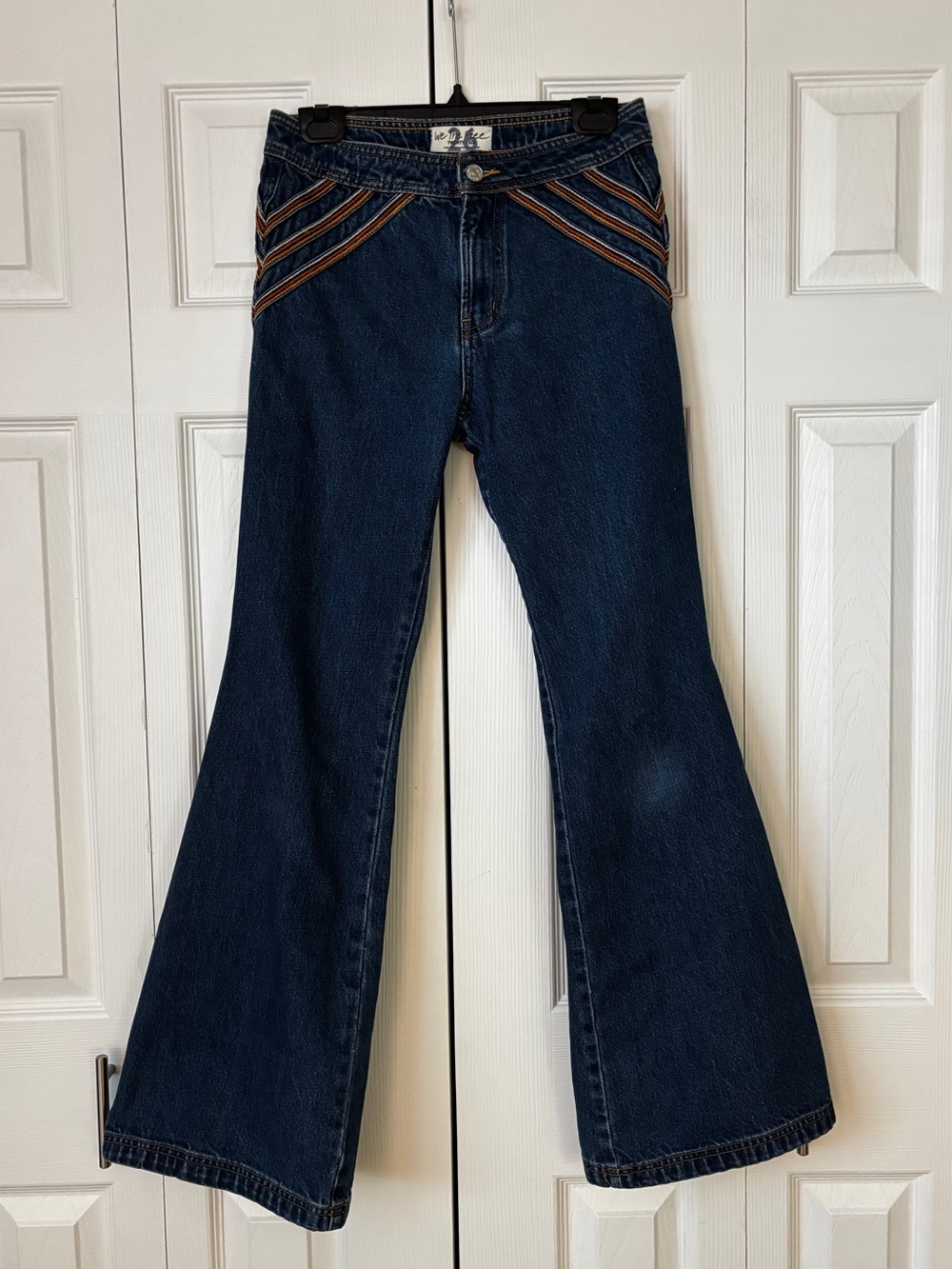 We The Free Dark Blue Flare Jeans with Multi-Stripe Accent